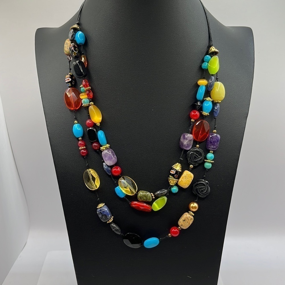 Beggars Beads Colorful Beaded knotted Necklace with gold tone spacers